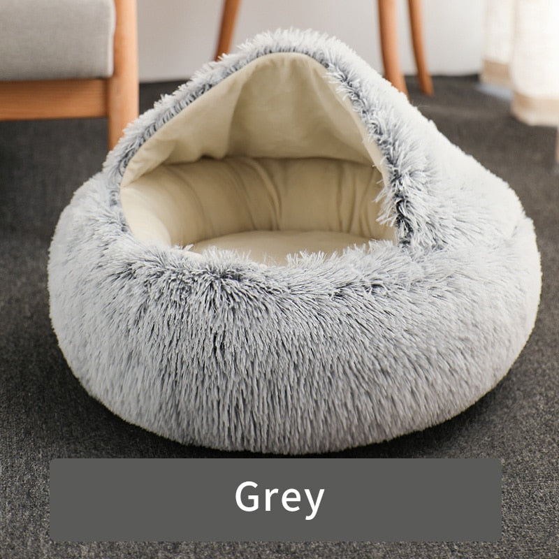 HOOPET Cat Bed Round Cat Nest Puppy Cave Long Plush Pet Bed Warm Cats Bed 2-In-1 Cat Cushion Sleeping Sofa