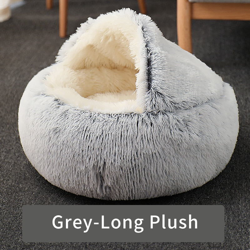 HOOPET Cat Bed Round Cat Nest Puppy Cave Long Plush Pet Bed Warm Cats Bed 2-In-1 Cat Cushion Sleeping Sofa