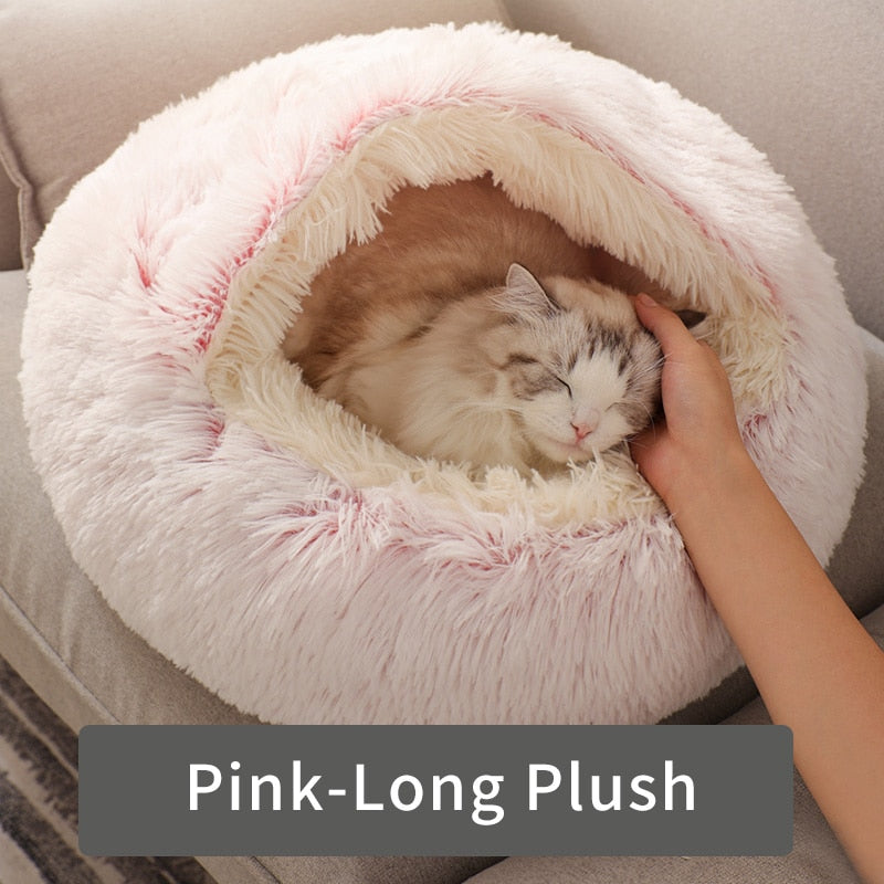 HOOPET Cat Bed Round Cat Nest Puppy Cave Long Plush Pet Bed Warm Cats Bed 2-In-1 Cat Cushion Sleeping Sofa