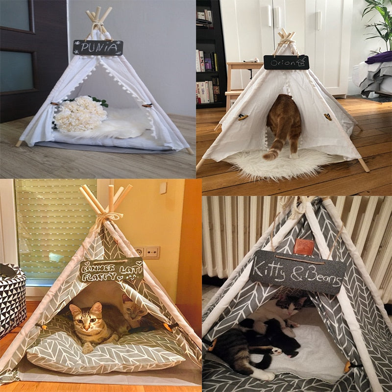 Portable Linen Pet Tent Dog House cat House Washable Teepee Puppy Cat Indoor Outdoor Kennels Portable Teepee Cave with Mat