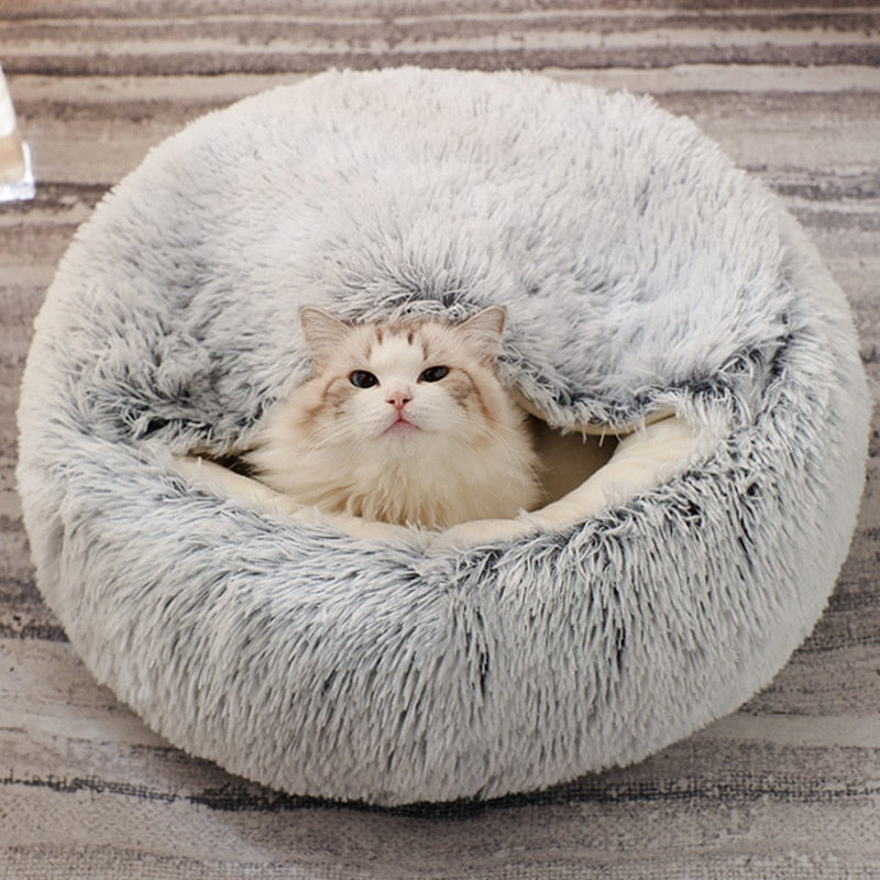 HOOPET Cat Bed Round Cat Nest Puppy Cave Long Plush Pet Bed Warm Cats Bed 2-In-1 Cat Cushion Sleeping Sofa