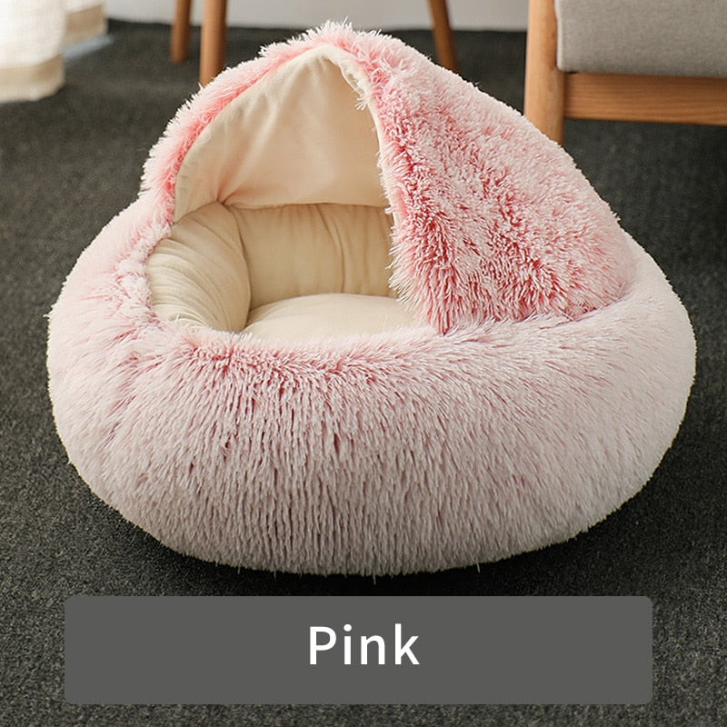 HOOPET Cat Bed Round Cat Nest Puppy Cave Long Plush Pet Bed Warm Cats Bed 2-In-1 Cat Cushion Sleeping Sofa