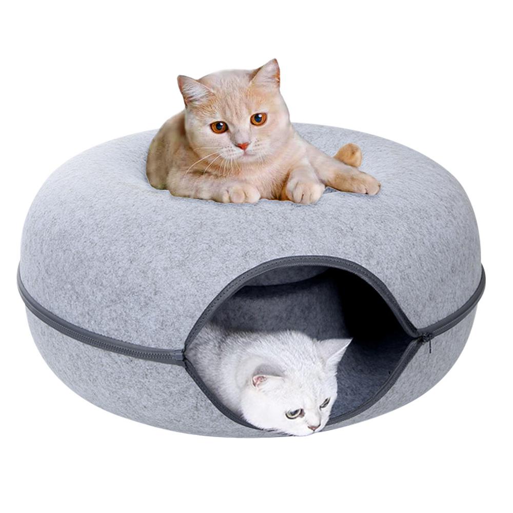 Felt Cat Nest Bed Interactive Tunnel Toys Pet Bed For Cats Kitten Puppy Half Closed Donut Shape Cave Beds Tunnel House Basket