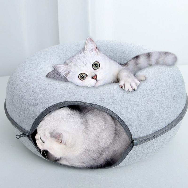 Felt Cat Nest Bed Interactive Tunnel Toys Pet Bed For Cats Kitten Puppy Half Closed Donut Shape Cave Beds Tunnel House Basket