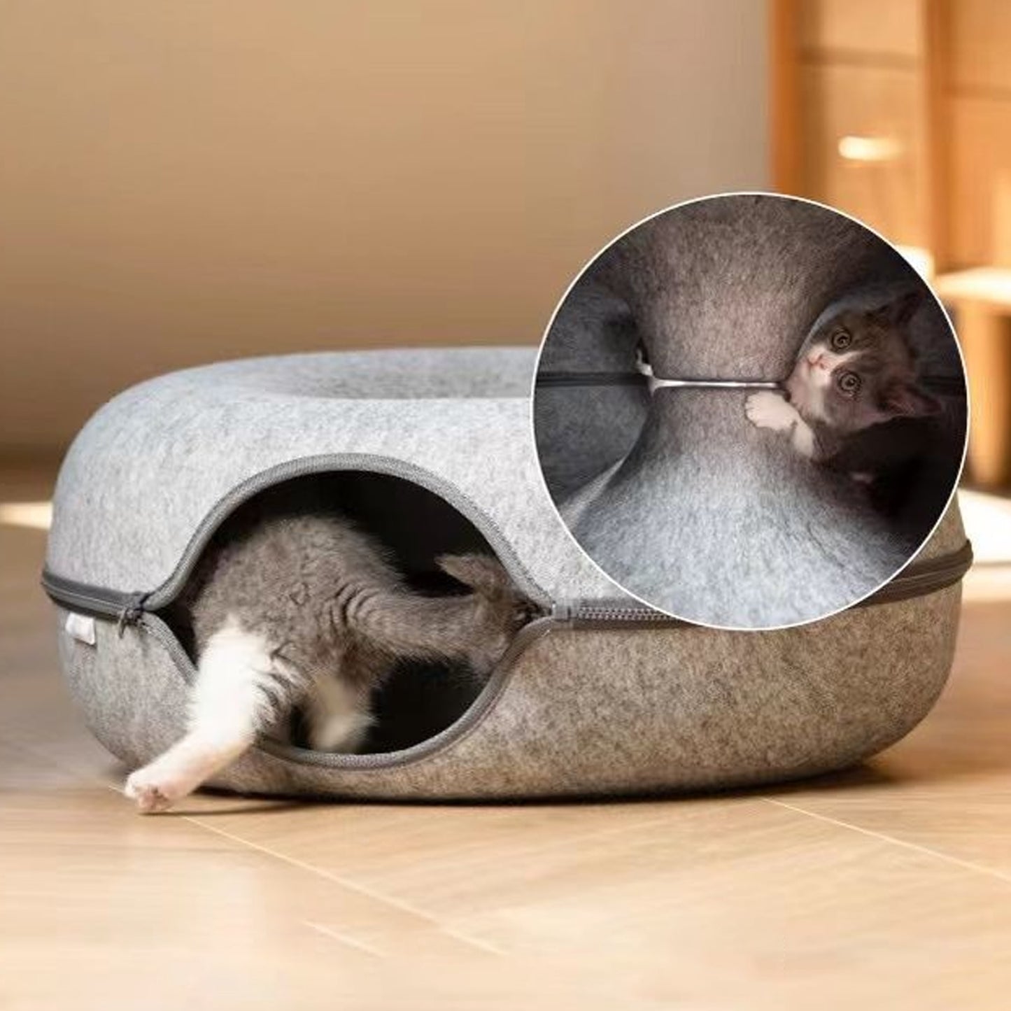 Felt Cat Nest Bed Interactive Tunnel Toys Pet Bed For Cats Kitten Puppy Half Closed Donut Shape Cave Beds Tunnel House Basket