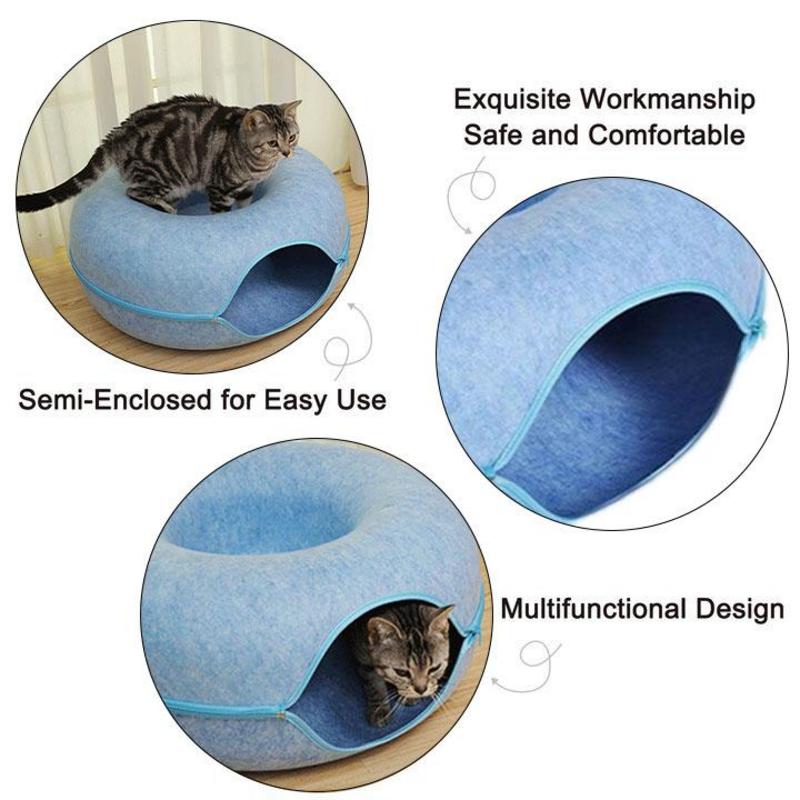 Felt Cat Nest Bed Interactive Tunnel Toys Pet Bed For Cats Kitten Puppy Half Closed Donut Shape Cave Beds Tunnel House Basket