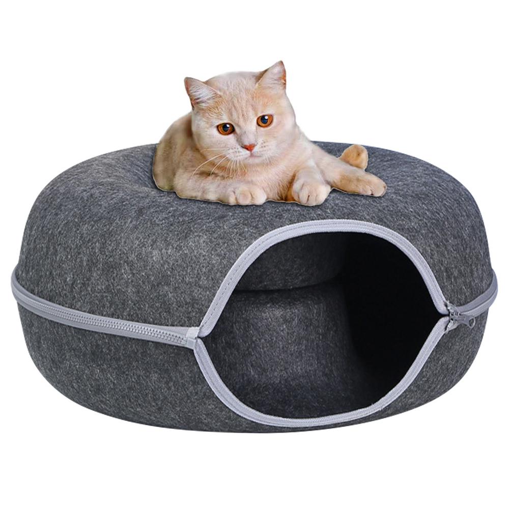 Felt Cat Nest Bed Interactive Tunnel Toys Pet Bed For Cats Kitten Puppy Half Closed Donut Shape Cave Beds Tunnel House Basket